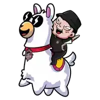 a cartoon of a man riding on the back of a llama that says geek squad on it