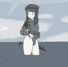 a cartoon drawing of a girl in a military uniform holding a gun