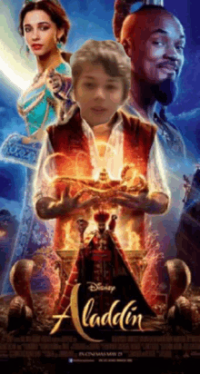 a disney movie poster for aladdin with a boy holding a lamp