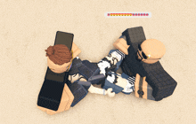 two roblox characters laying on a sandy beach with a sticker that says 00000