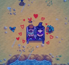 a witch and a man are sitting on a bench in a video game surrounded by hearts