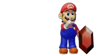 a mario holding a red block with the letter m on it