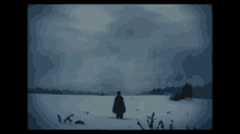 a person standing in a snowy field with a giant hand in the background