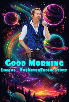 a man singing into a microphone on a poster that says " good morning "