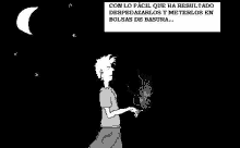 a black and white drawing of a man smoking a cigarette with a spanish caption