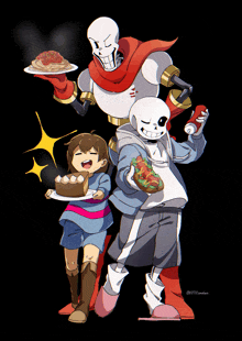 a cartoon drawing of papyrus and sans with a girl holding a cake and a sandwich