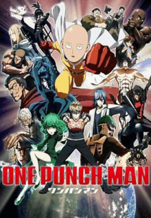 a poster for one punch man shows a group of superheros standing around each other .