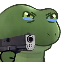 a cartoon of a frog holding a gun with a crying face