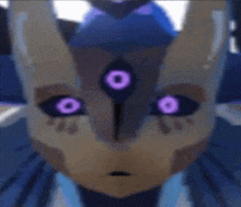 a close up of a cartoon character with purple eyes and horns .