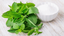 stevia leaves and a bowl of sugar on a wooden table