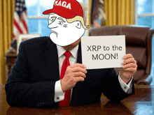 a man in a maga hat holds a sign that says xrp to the moon