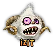 a white monster with horns and purple eyes has the word izit below it