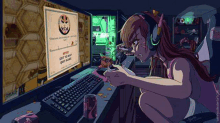 a girl is playing a video game on a computer while eating chips .