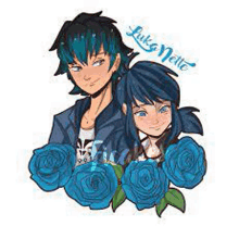 a boy and a girl are standing next to each other surrounded by blue flowers .