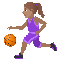 a girl in a purple basketball uniform is running with an orange basketball