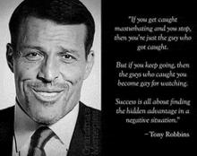 a black and white photo of a man in a suit and tie with a quote from tony robbins