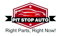 a logo for pit stop auto shows a car and the words right parts right now