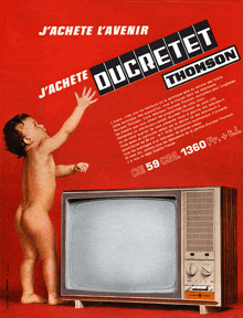 an advertisement for a thomson tv with a baby reaching out