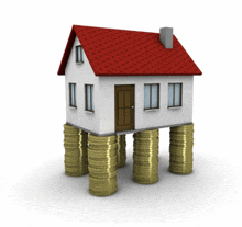 a house with a red roof is sitting on stacks of coins