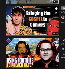 a screenshot of a video titled bringing the gospel to gamers and using fortnite to preach hate