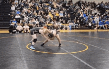 two wrestlers are wrestling on a mat in front of a crowd of people .