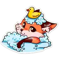 a cartoon of a fox taking a bath with a rubber duck on its head