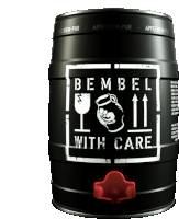 a black barrel that says " bemmel with care " on it