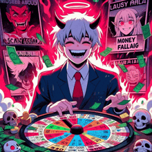 a cartoon drawing of a man playing a roulette wheel surrounded by skulls