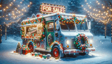 a christmas food truck with a for sale sign above it