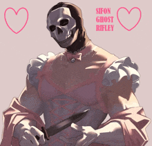 a drawing of a skeleton wearing a pink dress and holding a knife with the words sifon ghost rifley above