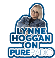 a logo for lynne hoggan on pureradio with a woman in a denim jacket