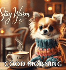 a small dog wearing a sweater is sitting next to a cup of coffee