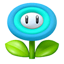 a blue flower with green leaves and a white face on it .