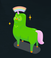 a green unicorn with a pink tail and rainbow on its head