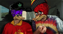 two ducks in a car with one wearing a tie dye shirt that says king