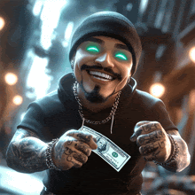 a man with green eyes is holding a 100 dollar bill around his neck