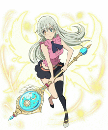 a girl with long white hair is holding a wand that has a sun and moon on it