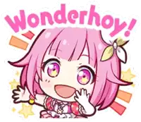 a cartoon of a girl with pink hair and the words `` wonderhoy '' written above her .