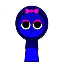 a blue cartoon character with pink eyebrows and a pink bow .