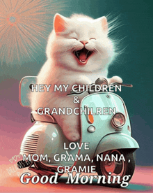 a picture of a cat riding a scooter with the words " hey my children & grandchildren love mom grama nana gramie good morning "