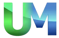 a green and blue letter u and m are displayed on a white background