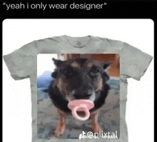 a t-shirt with a dog with a pacifier in its mouth