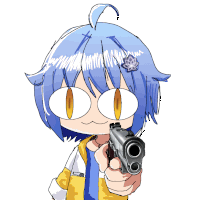 a drawing of a girl with blue hair pointing a gun at the camera