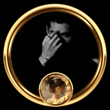 a picture of a man and a woman in a gold circle frame