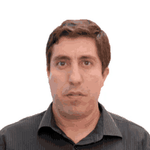 a man wearing a black striped shirt looks at the camera with a white background