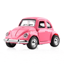 a pink toy car with chrome rims and tires