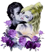 a painting of a man and woman kissing surrounded by purple flowers