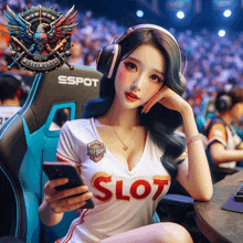 a woman wearing headphones and a white shirt that says slot