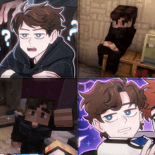 a collage of four images of a boy in a black hoodie