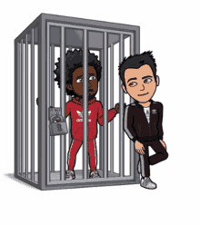 a cartoon of a man in a red adidas hoodie standing next to another man in a cage .